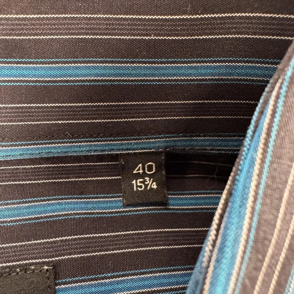 BOSS Hugo Boss Shirt Mens 16 40 Black Blue Stripe Regular‎ Fit Dress Cotton